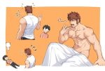  2boys 47 ?? abs animal_ears bara bare_chest bare_shoulders bed_sheet brown_hair bulging_eyes casual chest chest_scar collage facial_hair fake_animal_ears fate/grand_order fate_(series) fujimaru_ritsuka_(male) goatee male_focus manly messy_hair multiple_boys multiple_views muscle napoleon_bonaparte_(fate/grand_order) navel nipples nude pants scar short_hair sideburns sleeveless spirit surprised track_pants translation_request waking_up yawning 