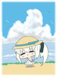  1girl black_bow blush bow closed_eyes clouds fate/grand_order fate_(series) hair_bow hat highres maru_hien morgan_le_fay_(fate) ocean side_ponytail skirt smile solo white_hair 