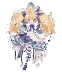  1girl alice&#039;s_adventures_in_wonderland alice_(alice_in_wonderland) animal_ear_fluff animal_ears apron aqua_dress asymmetrical_legwear black_bow black_bowtie black_ribbon black_shoes blonde_hair bow bowtie bright_pupils card commentary cross-shaped_pupils dated_commentary double-parted_bangs dress fang frilled_apron frills full_body hair_ribbon hand_up highres long_hair long_sleeves maid_apron mismatched_legwear open_mouth original ozureiji pantyhose petticoat playing_card rabbit_ears red_eyes ribbon shoes skin_fang solo striped_clothes striped_dress symbol-only_commentary symbol-shaped_pupils tsurime twintails vertical-striped_clothes vertical-striped_dress white_background white_pantyhose white_pupils 