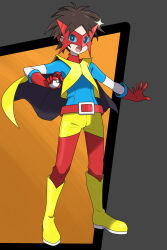  1boy asatsuki_(fgfff) belt bodysuit boots bright_pupils brown_hair cape commentary_request full_body glint gloves highres holding holding_poke_ball male_focus mask nate_(pokemon) open_mouth outstretched_arm poke_ball poke_ball_(basic) pokemon pokemon_bw2 pokestar_studios red_belt red_gloves short_hair solo spread_fingers standing teeth tongue vest yellow_boots yellow_cape yellow_vest 