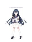  1girl blue_eyes braid c-33_andvari dark_blue_hair english_text full_body gun handgun highres kbn317 kneehighs last_origin long_hair pistol pleated_skirt skirt solo sweatdrop trembling uniform weapon white_background white_legwear white_skirt 