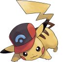  :3 all_fours artist_request baseball_cap black_eyes blush_stickers closed_mouth clothed_pokemon full_body gen_1_pokemon happy hat highres looking_at_viewer no_humans official_art pikachu pokemon pokemon_(anime) pokemon_(creature) pokemon_(game) pokemon_dppt_(anime) pokemon_swsh red_headwear smile solo transparent_background 