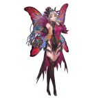  1girl absurdres bangs bare_shoulders boots breasts butterfly_wings dress fairy_wings fire_emblem fire_emblem_heroes floating floating_object gradient gradient_hair grey_hair hair_ornament hand_up highres large_breasts long_hair looking_at_viewer multicolored_hair official_art pelvic_curtain plumeria_(fire_emblem) pointy_ears ponytail red_eyes shiny shiny_clothes shiny_hair shiny_skin sleeveless smile solo thigh-highs thigh_boots thorns tied_hair white_background wings yoshiku_(oden-usagi) 