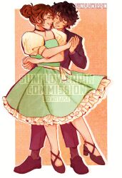  1boy 1girl baxter_ward blue_eyes border brown_hair closed_eyes dancing dress dress_shirt frilled_dress frills full_body green_dress grin hair_between_eyes hair_bun high_heels highres holding_hands looking_at_another main_character_(our_life) orange_background our_life:_beginnings_and_always puffy_sleeves purple_suit shirt short_hair sidelocks smile standing standing_on_one_leg suit sunnyflowerday1 waist_ribbon white_border 