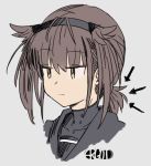  1girl arrow_(symbol) artist_name black_sailor_collar brown_hair closed_mouth ergot eyebrows_visible_through_hair grey_background hair_flaps hatsuzuki_(kantai_collection) kantai_collection portrait sailor_collar short_hair signature simple_background solo yellow_eyes 