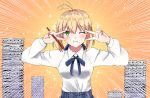  1girl ahoge artoria_pendragon_(all) blonde_hair blue_skirt blush bowl breasts chopsticks double_v emotional_engine_-_full_drive fate/grand_order fate/stay_night fate_(series) food food_on_face green_eyes highres medium_breasts rice rice_bowl rice_on_face saber shirt sii_artatm skirt solo v white_shirt 