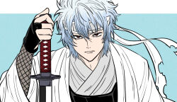  1boy aged_down blue_background blue_hair closed_mouth commentary commentary_request fishnets gintama gloves hair_between_eyes haori headband holding holding_sword holding_weapon japanese_clothes katana kimono long_sleeves looking_at_viewer male_focus messy_hair official_alternate_costume pike_121 red_eyes sakata_gintoki solo sword two-tone_background upper_body weapon white_headband white_kimono 