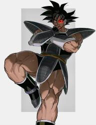 1boy armor biceps black_boots black_eyes black_hair boots closed_mouth crossed_arms domo_(domo_kizusuki) dragon_ball dragon_ball_z food fruit grey_background highres holding holding_food holding_fruit leg_up looking_at_viewer male_focus monkey_tail muscular muscular_male red-tinted_eyewear saiyan_armor scouter short_hair simple_background smile smirk solo spiky_hair tail tail_around_own_waist tail_wrap tinted_eyewear tullece two-tone_background v-shaped_eyebrows vambraces white_background 