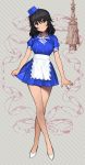  1girl :o andou_(girls_und_panzer) black_eyes black_hair blue_dress blue_headwear crossed_legs dress girls_und_panzer hat holding holding_clothes holding_dress light_blush looking_up medium_hair open_hand solo tan3charge waitress 