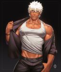  1boy archer bara black_pants brown_eyes bulge chest collarbone dark_skin dark_skinned_male fate/grand_order fate/stay_night fate_(series) glasses gradient gradient_background male_focus midriff_peek muscle navel_hair pants short_hair solo summer_casual_(fate/grand_order) tank_top thick_thighs thighs tight tight_pants undressing white_hair white_tank_top xelgot 