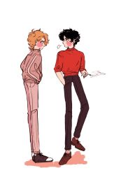  1960s_(style) 1970s_(style) 2boys aged_down bad_id bad_pixiv_id bishounen blonde_hair brown_hair cigarette dio_brando highres holding holding_cigarette jojo_no_kimyou_na_bouken jonathan_joestar multiple_boys phantom_blood retro_artstyle smoking 