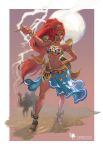  1girl abs absurdres arm_up big_hair bracelet character_name commentary_request dark_skin earrings full_body gerudo green_eyes hand_on_hip heomit highres hoop_earrings jewelry korean_commentary lightning lipstick long_hair makeup navel redhead ring sand smile solo standing sword the_legend_of_zelda the_legend_of_zelda:_breath_of_the_wild tied_hair urbosa weapon 