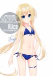  1girl alice_zuberg artist_name bikini blonde_hair blue_bikini blue_eyes braid character_name commentary_request cowboy_shot flat_chest hairband highres inaba_shiki long_hair looking_at_viewer lowleg lowleg_bikini side-tie_bikini simple_background solo standing stats swimsuit sword_art_online sword_art_online:_alicization very_long_hair white_background white_hairband 