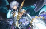  1boy armor artist_name bishounen cape darkavey glowing granblue_fantasy green_eyes grimnir heterochromia highres looking_at_viewer male_focus pauldrons pointing_weapon pointy_ears red_eyes shoulder_armor signature silver_hair smile upper_body 