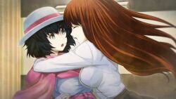  2girls :o black_hair blue_eyes blue_skirt bow breasts brown_skirt closed_eyes collared_shirt crying game_cg glomp happy_tears hat high-waist_skirt highres hug huke impossible_clothes large_breasts long_hair long_sleeves medium_hair multiple_girls non-web_source official_art open_mouth pink_bow pink_sash pink_stripes red_hair red_scarf ringed_eyes sash scarf shiina_kagari shiina_mayuri shirt skirt steins;gate steins;gate_0 surprised tears teeth tongue upper_teeth_only waist_bow waist_sash white_shirt winter_clothes yellow_trim 