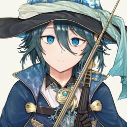  1boy black_hair blue_eyes bow_(instrument) brooch hair_between_eyes hair_ribbon hat highres holding holding_instrument instrument jewelry looking_at_viewer male_focus nekogu_rui original portrait ribbon simple_background stradivarius_(pixiv_fantasia_age_of_starlight) upper_body white_background 