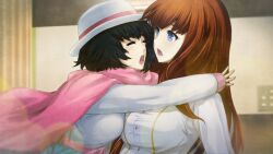  2girls black_hair blue_eyes blue_skirt bow breasts closed_eyes collared_shirt crying game_cg glomp happy_tears hat high-waist_skirt highres hug huke impossible_clothes large_breasts long_hair long_sleeves medium_hair multiple_girls non-web_source official_art open_mouth pink_bow pink_sash pink_stripes red_hair red_scarf ringed_eyes sash scarf shiina_kagari shiina_mayuri shirt skirt steins;gate steins;gate_0 surprised tears tongue waist_bow waist_sash white_shirt winter_clothes yellow_trim 