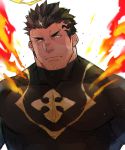  1boy bara black_bodysuit black_hair bodysuit chest covered_abs facial_hair fire halo hiraga0613 looking_at_viewer male_focus muscle short_hair solo stubble tokyo_houkago_summoners upper_body yellow_eyes zabaniya_(tokyo_houkago_summoners) 