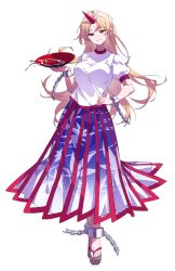 1girl artist_request blonde_hair breasts chain closed_mouth commentary_request cuffs cup full_body hand_on_own_hip highres holding holding_cup horns hoshiguma_yuugi leaf_print long_hair looking_at_viewer maple_leaf_print mixed-language_commentary multicolored_skirt oni pointy_ears print_skirt psd_available puffy_short_sleeves puffy_sleeves purple_skirt red_eyes red_horns sakazuki sandals second-party_source shackles shirt short_sleeves single_horn skirt smile solo tachi-e touhou transparent_background very_long_hair white_shirt 