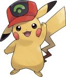  :3 arm_up artist_request baseball_cap black_eyes blush_stickers clothed_pokemon full_body gen_1_pokemon happy hat highres looking_at_viewer no_humans official_art open_mouth pikachu pokemon pokemon_(anime) pokemon_(creature) pokemon_(game) pokemon_rse_(anime) pokemon_swsh red_headwear smile solo standing transparent_background 