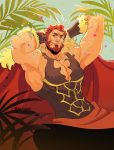  1boy armpits arms_behind_head bara beard breastplate cape chest chest_hair cleavage_cutout clothing_cutout facial_hair fate/grand_order fate/zero fate_(series) fur-trimmed_cape fur_trim highres iskandar_(fate) leather looking_at_viewer male_focus manly muscle pegushi plant raised_eyebrow red_cape red_eyes redhead short_hair smug solo sparkle upper_body 