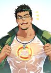  1boy bandaid bandaid_on_face bandaid_on_nose bara bare_chest character_request chest covered_abs covered_nipples facial_hair glasses goatee highres jacket live_a_hero male_focus manly multicolored_hair muscle one_eye_closed open_clothes open_jacket see-through shirt short_hair sideburns solo streaked_hair two-tone_hair undressing upper_body wet wet_clothes wet_shirt whistle zifuuuun 