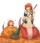  2girls :d ^_^ ^o^ autumn_leaves closed_eyes commission dress fang full_body hair_between_eyes hair_ornament hairclip highres holding jacket lamia miia_(monster_musume) mika_(miiafag) monster_girl monster_musume_no_iru_nichijou mother_and_daughter multiple_girls open_mouth pointy_ears scales simple_background smile sookmo standing sweater sweater_dress sweater_jacket white_background 