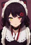  1girl animal_ears bangs black_choker black_hair black_kimono blush choker commentary dog_ears eyebrows_visible_through_hair hair_ornament heterochromia highres inui_toko japanese_clothes kimono long_hair looking_at_viewer maid_headdress nejime nijisanji parted_bangs parted_lips purple_background red_eyes signature simple_background solo striped swept_bangs upper_body vertical_stripes virtual_youtuber yellow_eyes 
