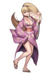  1girl animal_print bangs breasts cat_print cinko collarbone dangan_ronpa fan folding_fan full_body hand_up highres holding holding_fan japanese_clothes kimono large_breasts long_hair long_sleeves looking_at_viewer no_bra obi older open_clothes open_kimono open_mouth saionji_hiyoko sandals sash shiny shiny_skin simple_background sleeves_past_fingers sleeves_past_wrists smile solo standing standing_on_one_leg super_dangan_ronpa_2 thighs upper_teeth white_background wide_sleeves 
