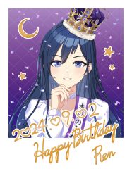  1girl 2024 absurdres artist_request blue_eyes blue_hair border choker confetti crescent_moon crown dress english_text hand_on_own_chin happy_birthday highres kurogane_ren long_hair long_sleeves moon official_art open_mouth outside_border purple_background ribbon shine_post smile solo sparkle star_(symbol) tasuki teeth upper_body violet_eyes white_border white_choker white_dress white_ribbon 