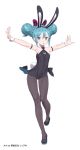  1girl :o animal_ears aqua_eyes aqua_hair armband armpits bare_shoulders bicute_bunnies_miku black_footwear black_legwear black_leotard braid bunny_girl bunny_tail crypton_future_media double_bun full_body hairband hatsune_miku kuroboshi_kouhaku leotard looking_at_viewer official_art open_mouth outstretched_arms pantyhose rabbit_ears solo standing t-pose tail vocaloid white_background wrist_cuffs 