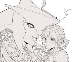  2boys armor blush closed_mouth commentary_request fins fish_boy greyscale head_fins headpiece jewelry link long_pointy_ears looking_at_viewer looking_to_the_side male_focus monochrome multiple_boys necklace pauldrons pointy_ears ponytail sharp_teeth short_ponytail shoulder_armor sideways_glance sidon simple_background sparkle teeth teto_ten the_legend_of_zelda the_legend_of_zelda:_breath_of_the_wild tongue upper_body upper_teeth_only white_background zora 