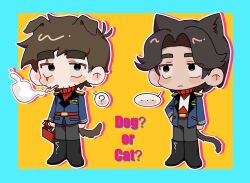  ... 2boys ? animal_ears antenna_hair arm_at_side arms_at_sides belt black_boots black_eyes blue_border blue_jacket boots border brown_hair brown_tail cat_boy cat_ears cat_tail chibi chibi_only chinese_commentary cigarette closed_mouth commentary_request curtained_hair dog_boy dog_ears dog_tail double_horizontal_stripe eddsworld expressionless facial_hair frown full_body grey_pants hair_behind_ear hand_on_own_hip highres holding jacket kafei146 kemonomimi_mode knee_boots looking_at_viewer looking_to_the_side male_focus mouth_hold multiple_boys no_pupils open_clothes open_jacket orange_background outline outside_border pants patryck_(eddsworld) paul_(eddsworld) red_belt red_sweater scar scar_across_eye scar_on_face screwdriver short_hair simple_background smoke spoken_ellipsis spoken_question_mark standing sweater tail thick_eyebrows toolbox turtleneck turtleneck_sweater upturned_eyes white_outline 