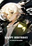  1boy :d absurdres bangs blurry brown_eyes character_name collarbone commentary_request dangan_ronpa_(series) dangan_ronpa_2:_goodbye_despair depth_of_field green_jacket hair_between_eyes happy_birthday highres hood hood_down hooded_jacket jacket komaeda_nagito long_sleeves looking_at_viewer lower_teeth male_focus messy_hair midou_(grk12138) open_clothes open_jacket open_mouth print_shirt shirt smile solo upper_body white_hair white_shirt 