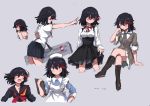  1girl black_hair breasts closed_eyes dated from_side grey_background highres kill_la_kill matoi_ryuuko medium_breasts multiple_views open_mouth pointing senketsu short_hair takatisakana variations waitress 