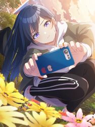  1girl absurdres artist_request black_hat black_pants blue_eyes blue_hair bug cellphone closed_mouth dutch_angle flower gradient_sky green_jacket hat highres holding holding_phone hood hoodie jacket jewelry kurogane_ren ladybug long_hair necklace official_art open_clothes open_jacket outdoors pants phone pink_flower pout shine_post shoes sky smartphone solo squatting sweatdrop taking_picture unworn_hat unworn_headwear violet_eyes white_hoodie yellow_flower 