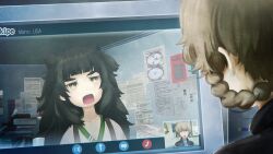  2girls amane_suzuha amane_suzuha_(beta) asymmetrical_footwear bags_under_eyes black_jacket blue_jacket blue_track_suit blunt_bangs braid breasts brown_hair clothing_request collar collarbone crocs cropped_jacket dress drooling flat_chest game_cg green_collar green_dress green_eyes green_hair green_trim grey_dress grey_jacket hair_rings head_tilt high_collar highres hiyajou_maho huke jacket jacket_over_dress jacket_over_jacket leather leather_jacket long_hair long_sleeves medium_breasts messy_hair mismatched_footwear multiple_girls nervous_sweating official_art open_mouth pink_sandals ringed_eyes sandals screen_light shirt skype sleepy standing steins;gate steins;gate_0 surprised sweat thick_eyebrows tongue track_jacket track_suit twin_braids twintails very_long_hair video_call yellow_eyes 