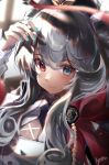  1girl absurdres arknights bangs blue_eyes blue_nails blush commentary hair_between_eyes heterochromia highres kyoro_ina long_hair looking_at_viewer nail_polish red_eyes rosa_(arknights) signature silver_hair solo upper_body 