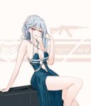  1girl ak-12_(girls_frontline) breasts character_name defy_(girls_frontline) dress earrings english_text eyebrows_visible_through_hair girls_frontline hair_ornament hand_in_hair highres jewelry long_hair looking_at_viewer nail_polish priest77 silver_hair simple_background sitting smirk solo violet_eyes 