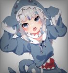  1girl bangs blue_eyes blue_hoodie blunt_bangs blush claw_pose commentary dutch_angle eyebrows_visible_through_hair fish_bone gawr_gura gradient gradient_background grey_background hololive hololive_english hood iroha_(pcrx7327) long_hair long_sleeves multicolored_hair open_mouth shark shark_girl shark_hood shark_print shark_tail sharp_teeth sidelocks silver_hair sleeves_past_wrists streaked_hair tail teeth virtual_youtuber 