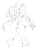  1girl ass back braid cammy_white closed_mouth fingerless_gloves gloves hand_on_hip hat highres leotard long_hair looking_back ozkh6 simple_background sketch solo street_fighter twintails white_background 