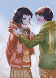  1boy 1girl absurdres adjusting_another's_clothes bare_tree black_hair blush closed_eyes collared_shirt commentary_request fang gami_(gami37260414) green_scarf highres kimetsu_gakuen kimetsu_no_yaiba necktie open_mouth red_scarf scarf school_uniform shirt skirt smile snow susamaru_(kimetsu_no_yaiba) tree winter yahaba_(kimetsu_no_yaiba) yellow_eyes 