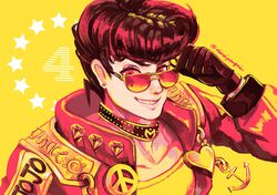  anchor_symbol black_gloves brooch choker diamond_(symbol) diamond_wa_kudakenai earrings gakuran gloves heart higashikata_jousuke jewelry jojo_no_kimyou_na_bouken limited_palette looking_at_viewer parted_lips peace_symbol pompadour school_uniform shinaipenguin smile upper_body yellow_background 