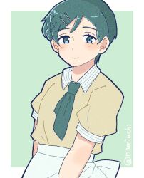  1girl apron aqua_eyes aqua_hair blush braid closed_mouth commentary_request contrast_collar employee_uniform film_grain futsuu_no_keion-bu green_background hair_ornament hairpin kouyama_rin looking_at_viewer namiuchi07 necktie official_alternate_costume pixie_cut puffy_short_sleeves puffy_sleeves short_hair short_sleeves smile solo striped_collar striped_sleeve_cuffs upper_body waist_apron waitress 