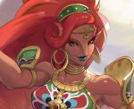  1girl arm_up armor bare_shoulders big_hair collarbone commentary_request dark_skin earrings eyelashes gerudo gold_earrings green_eyes heomit hoop_earrings jewelry korean_commentary lipstick long_hair makeup pointy_ears portrait redhead smile solo the_legend_of_zelda the_legend_of_zelda:_breath_of_the_wild urbosa 