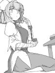  1girl :t bandaged_arm bandages bun_cover chain commentary_request cuffs cup double_bun eating food from_side greyscale highres holding holding_food ibaraki_kasen looking_at_viewer monochrome puffy_sleeves seiza shackles shirt short_hair short_sleeves sitting skirt solo sunatoshi tabard table touhou white_background white_shirt 