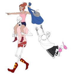  1girl 2020 2boys 2d alternate_costume black_shorts blue_jacket boots brothers camisole carrying carrying_person digital_media duo female full_body grey_hood height_difference high_ponytail highres holding holding_clothes holding_jacket hood hood_down hooded_jacket human humanoid jacket male male_focus male_only monster monster_boy multiple_boys orange_hair original original_character owl-bones papyrus_(undertale) pink_camisole pink_shirt pink_slippers pointing pointing_forward ponytail red_boots red_shorts red_socks sans_(undertale) shirt short_ponytail shorts shoulder_carry siblings simple_background skeleton slippers socks striped_shorts teeth undead undertale white_background white_shirt white_socks white_stripes 