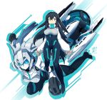  1girl absurdres aqua_eyes black_hair breasts english_commentary floating gundam gundam_build_divers gundam_build_divers_re:rise highres long_hair looking_at_viewer looking_up may_(gundam_build_divers_re:rise) mecha medium_breasts mobile_doll_may rtari shrug_(clothing) very_long_hair wodom_pod 