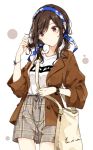  bag bangs blush brown_hair eyebrows eyebrows_visible_through_hair hair_ornament hand_up jacket medium_hair original red_eyes shiina_kuro shorts shoulder_bag sleeves 