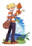  1boy aono_wo bag barry_(pokemon) black_pants blonde_hair brown_eyes brown_footwear chimchar collared_shirt from_behind full_body gen_4_pokemon green_scarf male_focus pants pokemon pokemon_on_arm scarf shirt striped striped_shirt t-shirt 